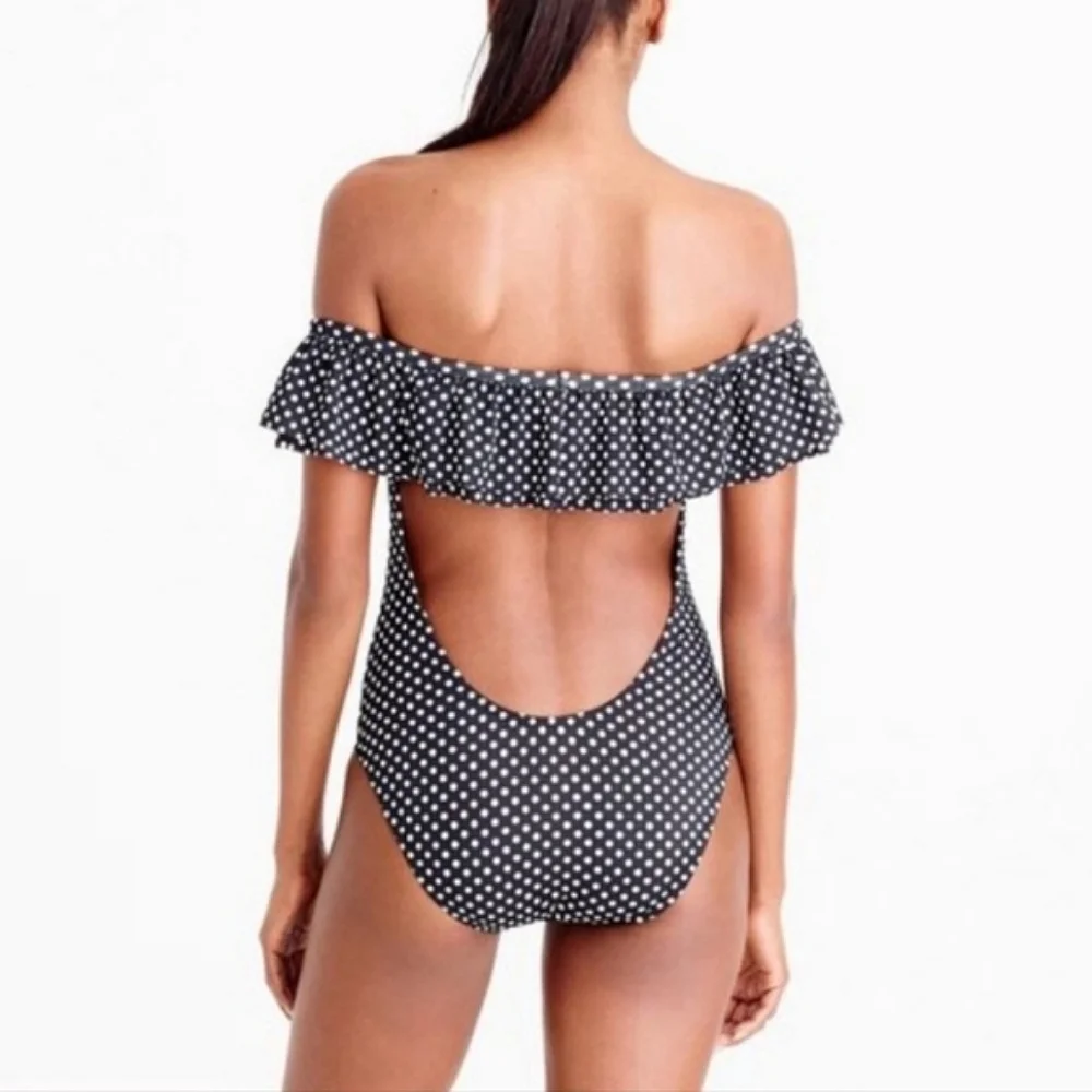 SALE J Crew Off Shoulder Ruffled Polka Dot One Piece Swimsuit Open Back Black 10